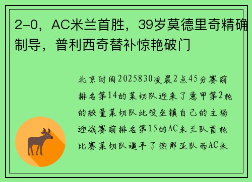 2-0,AC米兰首胜,39岁莫德里奇精确制导,普利西奇替补惊艳破门 2-0,AC米兰首胜,39岁莫德里奇精确制导,普利西奇替补惊艳破门